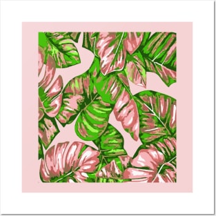 Tropical Leaves Of Banana and Monstera Pink Green Cut Out Posters and Art